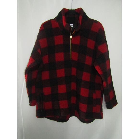 Old Navy 1X Plus Buffalo Plaid Red Black Sherpa Fleece Quarter Zip Jacket - Picture 1 of 8